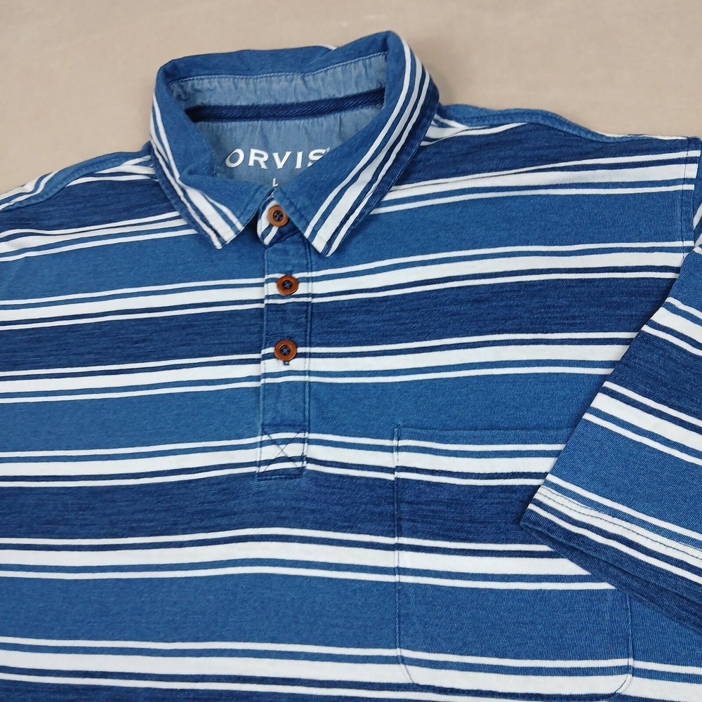 Orvis Large Mens Shirt Polo Casual Knit Blue Stripes Modern